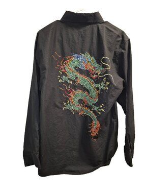 RARE VTG Lanzino Medium Black Rhinestone Dragon Button Up Long Sleeve Shirt